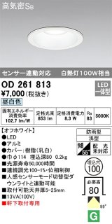 オーデリック　OD261813　ダウンライト φ100 LED一体型 昼白色 防雨型 浅型 高気密SB センサー連動対応 オフホワイト