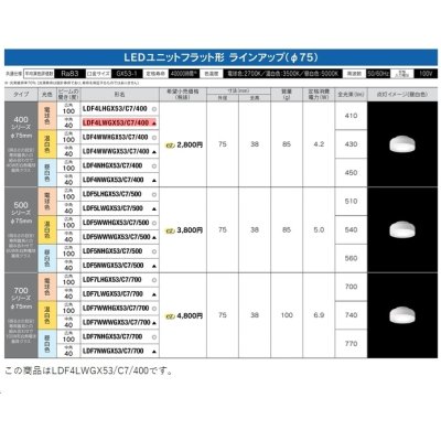 画像2: [メーカー在庫限り] 東芝ライテック　LDF4LWGX53/C7/400　LEDユニットフラット形 ランプユニットのみ 電球色 400シリーズ 中角 φ75mm 受注生産品 [§]