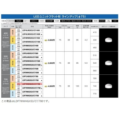 画像2: [メーカー在庫限り] 東芝ライテック　LDF7WWHGX53/C7/700　LEDユニットフラット形 ランプユニットのみ 温白色 700シリーズ 広角 φ75mm