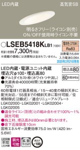 パナソニック　LSEB5418KLB1　傾斜天井用ダウンライト 天井埋込型 LED(電球色) 高気密SB形 拡散マイルド配光 調光(ライコン別売) 埋込穴φ100 ホワイト