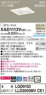 パナソニック　XAD1113VCE1(ランプ別梱)　ダウンライト 天井埋込型 LED(温白色) 美ルック 高気密SB形 拡散マイルド配光 埋込穴□100 ホワイト