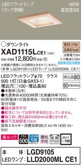 パナソニック　XAD1115LCE1(ランプ別梱)　ダウンライト 天井埋込型 LED(電球色) 美ルック 高気密SB形 拡散マイルド配光 埋込穴□100 白木枠