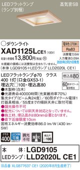 パナソニック　XAD1125LCE1(ランプ別梱)　ダウンライト 天井埋込型 LED(電球色) 高気密SB形 集光24度 埋込穴□100 白木枠