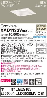 パナソニック　XAD1133VCE1(ランプ別梱)　ダウンライト 天井埋込型 LED(温白色) 美ルック 高気密SB形 集光24度 埋込穴□100 ホワイト