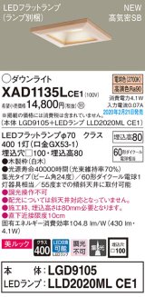 パナソニック　XAD1135LCE1(ランプ別梱)　ダウンライト 天井埋込型 LED(電球色) 美ルック 高気密SB形 集光24度 埋込穴□100 白木枠