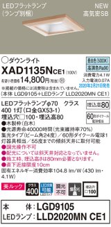 パナソニック　XAD1135NCE1(ランプ別梱)　ダウンライト 天井埋込型 LED(昼白色) 美ルック 高気密SB形 集光24度 埋込穴□100 白木枠