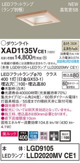 パナソニック　XAD1135VCE1(ランプ別梱)　ダウンライト 天井埋込型 LED(温白色) 美ルック 高気密SB形 集光24度 埋込穴□100 白木枠