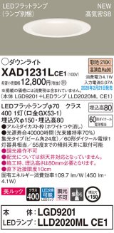 パナソニック　XAD1231LCE1(ランプ別梱)　ダウンライト 天井埋込型 LED(電球色) 美ルック 高気密SB形 集光24度 埋込穴φ150 ホワイト