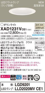 パナソニック　XAD1231VCE1(ランプ別梱)　ダウンライト 天井埋込型 LED(温白色) 美ルック 高気密SB形 集光24度 埋込穴φ150 ホワイト