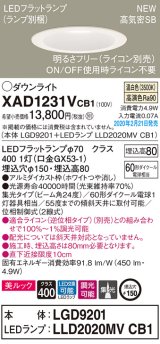 パナソニック　XAD1231VCB1(ランプ別梱)　ダウンライト 天井埋込型 LED(温白色) 美ルック 高気密SB形 集光24度 調光(ライコン別売) 埋込穴φ150 ホワイト