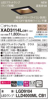 パナソニック　XAD3114LCB1(ランプ別梱)　ダウンライト 天井埋込型 LED(電球色) 美ルック 拡散マイルド配光 調光(ライコン別売) 埋込穴□100 ブラック