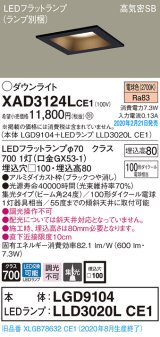 パナソニック　XAD3124LCE1(ランプ別梱)　ダウンライト 天井埋込型 LED(電球色) 高気密SB形 集光24度 埋込穴□100 ブラック