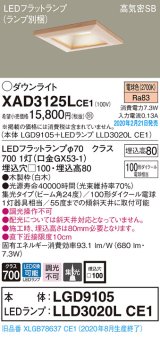 パナソニック　XAD3125LCE1(ランプ別梱)　ダウンライト 天井埋込型 LED(電球色) 高気密SB形 集光24度 埋込穴□100 白木枠