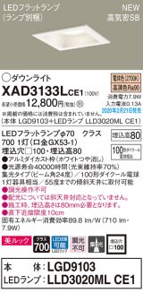 パナソニック　XAD3133LCE1(ランプ別梱)　ダウンライト 天井埋込型 LED(電球色) 美ルック 高気密SB形 集光24度 埋込穴□100 ホワイト