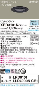 パナソニック　XED3101NCE1(ランプ別梱)　軒下用ダウンライト 天井埋込型 LED(昼白色) 拡散マイルド配光 防湿・防雨型 埋込穴φ100 ブラック