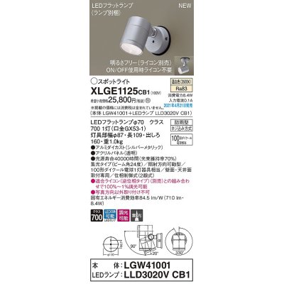 画像1: パナソニック　XLGE1125CB1(ランプ別梱)　エクステリア スポットライト LED(温白色) 天井・壁直付型 集光24度 防雨型 調光(ライコン別売) シルバーメタリック