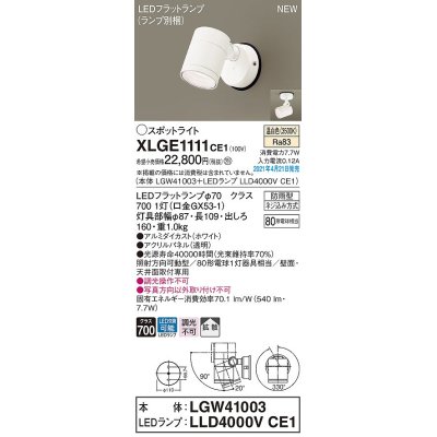 画像1: パナソニック　XLGE1111CE1(ランプ別梱)　エクステリア スポットライト LED(温白色) 天井・壁直付型 拡散タイプ 防雨型 ホワイト