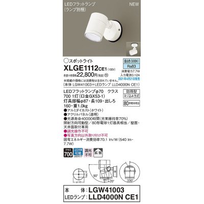 画像1: パナソニック　XLGE1112CE1(ランプ別梱)　エクステリア スポットライト LED(昼白色) 天井・壁直付型 拡散タイプ 防雨型 ホワイト