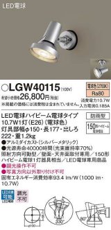 パナソニック　LGW40115　エクステリア スポットライト ランプ同梱 LED(電球色) 天井直付型 壁直付型 電球交換型 防雨型 シルバーメタリック