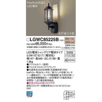 画像1: パナソニック　LGWC85225B　ポーチライト ランプ同梱 LED(電球色) 壁直付型 密閉型 電球交換型 防雨型 明るさセンサ付 オフブラック