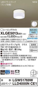 パナソニック　XLGE5013CE1(ランプ別梱)　シーリングライト LED(昼白色) 拡散 LEDフラットランプ交換型 防雨型 ホワイト