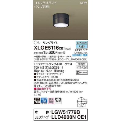 画像1: パナソニック　XLGE5116CE1(ランプ別梱)　シーリングライト LED(昼白色) 拡散 LEDフラットランプ交換型 防雨型 オフブラック