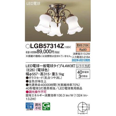 画像1: パナソニック　LGB57314Z　シャンデリア ランプ同梱 LED(電球色) 天井直付型 U-ライト方式 LED電球交換型