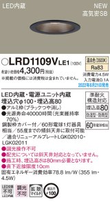 パナソニック　LRD1109VLE1　軒下用ダウンライト 天井埋込型 LED(温白色) エクステリア 浅型8H・高気密SB形・拡散マイルド 防湿型・防雨型 埋込穴φ100 ブラック