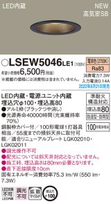 パナソニック　LSEW5046LE1　軒下用ダウンライト 天井埋込型 LED(電球色) 浅型8H・高気密SB形・拡散マイルド 防湿型・防雨型 埋込穴φ100 ブラック