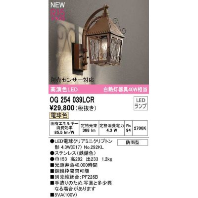 画像1: オーデリック　OG254039LCR(ランプ別梱)　エクステリア ポーチライト LEDランプ 電球色 別売センサー対応 防雨型 鉄錆色