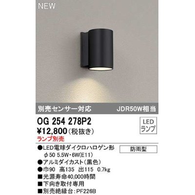 画像1: オーデリック　OG254278P2　エクステリア ポーチライト ランプ別売 LEDランプ 別売センサー対応 防雨型 黒色