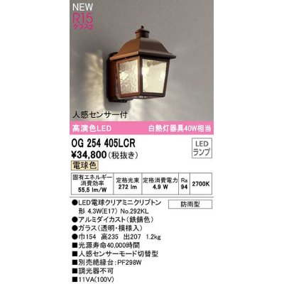 画像1: オーデリック　OG254405LCR(ランプ別梱)　エクステリア ポーチライト LEDランプ 電球色 人感センサー付 防雨型 鉄錆色