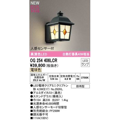 画像1: オーデリック　OG254406LCR(ランプ別梱)　エクステリア ポーチライト LEDランプ 電球色 人感センサー付 防雨型 ステンドグラス