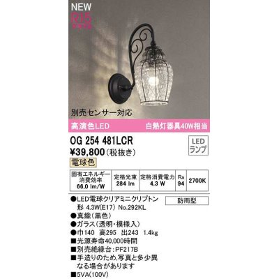 画像1: オーデリック　OG254481LCR(ランプ別梱)　エクステリア ポーチライト LEDランプ 電球色 別売センサー対応 防雨型 黒色