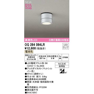 画像1: オーデリック　OG264064LR(ランプ別梱)　エクステリア ポーチライト LEDランプ 電球色 防雨型 マットシルバー