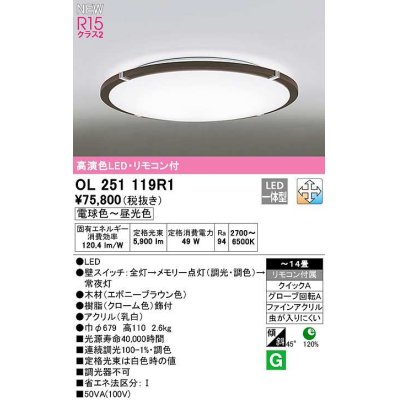 画像1: オーデリック　OL251119R1　シーリングライト 14畳 調光 調色 リモコン付属 LED一体型 電球色〜昼光色 エボニーブラウン