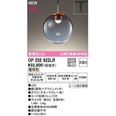 画像1: 【納期未定】オーデリック　OP252922LR　ペンダントライト 非調光 LED一体型 電球色 プラグタイプ スモークグレー