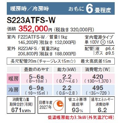 画像3: ダイキン　S223ATFS-W　エアコン 6畳 ルームエアコン FXシリーズ 単相100V 15A 6畳程度 ホワイト (S22ZTFXS-Wの後継品) [♭♪]