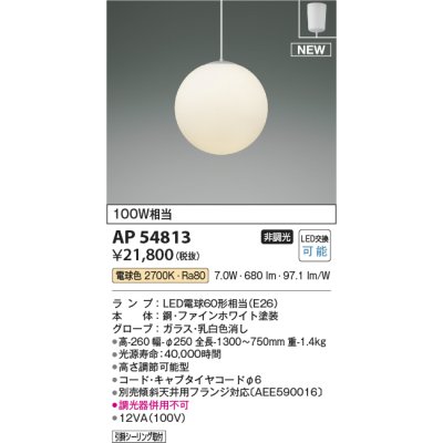 画像1: コイズミ照明 AP54813 ペンダント 非調光 LED 電球色 フランジタイプ ファインホワイト