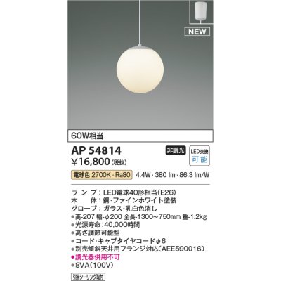 画像1: コイズミ照明 AP54814 ペンダント 非調光 LED 電球色 フランジタイプ ファインホワイト