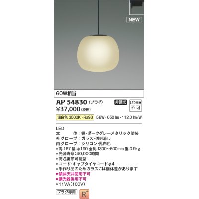 画像1: コイズミ照明 AP54830 ペンダント 非調光 LED一体型 温白色 プラグタイプ ダークグレーメタリック