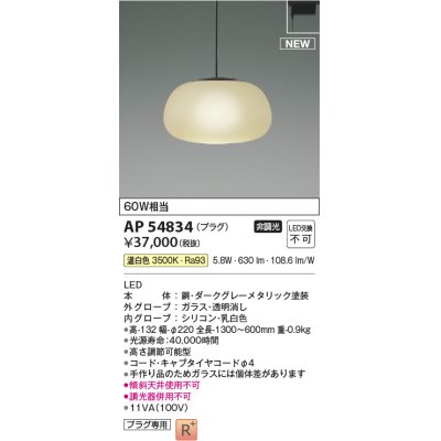 画像1: コイズミ照明 AP54834 ペンダント 非調光 LED一体型 温白色 プラグタイプ ダークグレーメタリック