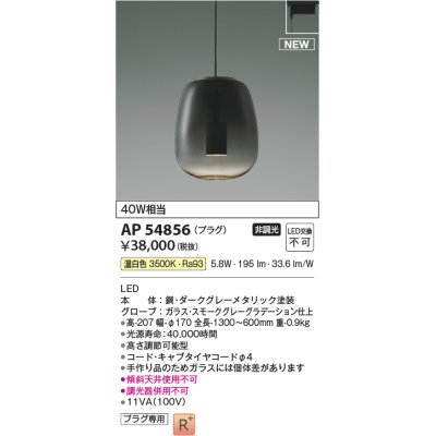 画像1: コイズミ照明 AP54856 ペンダント 非調光 LED一体型 温白色 プラグタイプ スモークグレーグラデーション