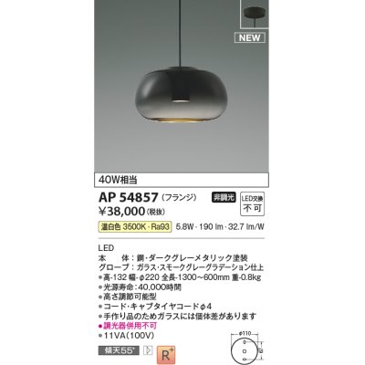 画像1: コイズミ照明 AP54857 ペンダント 非調光 LED一体型 温白色 フランジタイプ スモークグレーグラデーション