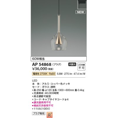 画像1: コイズミ照明 AP54868 ペンダント 非調光 LED一体型 電球色 プラグタイプ コッパー色メッキ