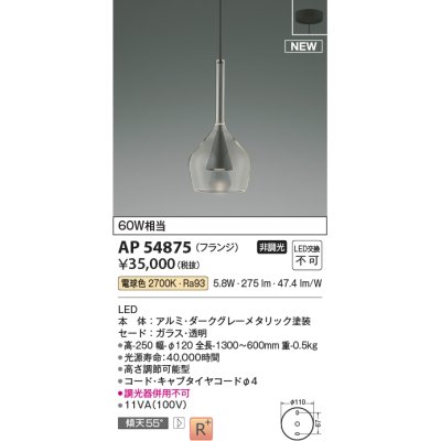 画像1: コイズミ照明 AP54875 ペンダント 非調光 LED一体型 電球色 フランジタイプ ダークグレーメタリック