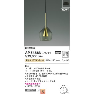 画像1: コイズミ照明 AP54883 ペンダント 非調光 LED一体型 電球色 フランジタイプ 金色メッキ