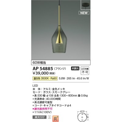 画像1: コイズミ照明 AP54885 ペンダント 非調光 LED一体型 温白色 フランジタイプ 金色メッキ