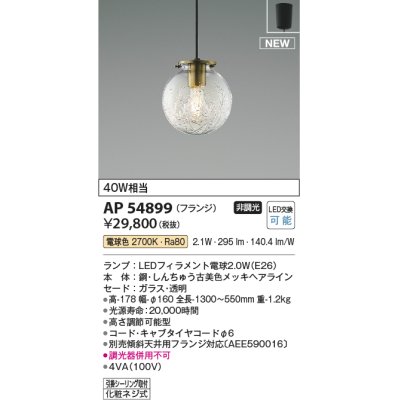 画像1: コイズミ照明 AP54899 ペンダント 非調光 LED 電球色 フランジタイプ