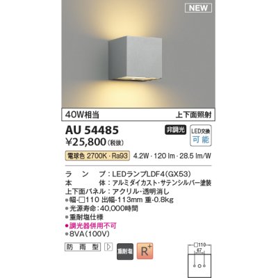 画像1: コイズミ照明 AU54485 ブラケット 非調光 LED 電球色 上下面照射 防雨型 サテンシルバー